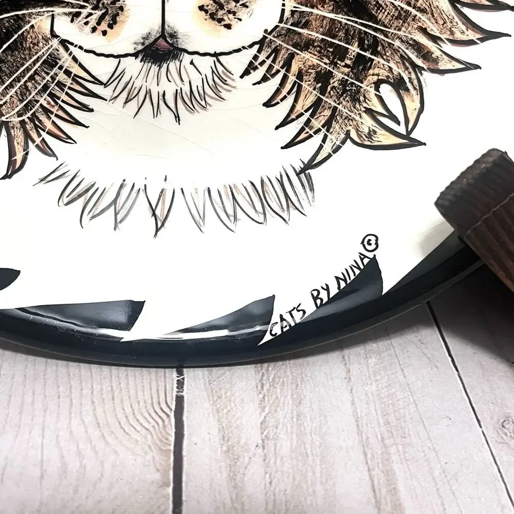 Cats By Nina Lyman Ceramic Bowl Brown Tabby Cat Green Eyes Striped Long Haired
